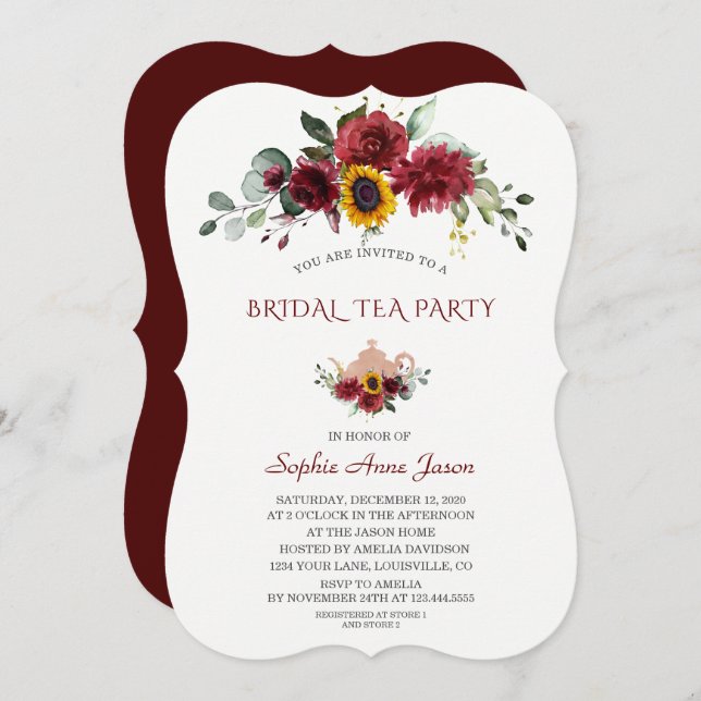 Royal Burgundy Sunflower Bridal Tea Party Einladung (Vorne/Hinten)
