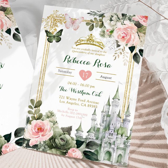 Royal Castle Blush Pink Sage Green Royal 15 Años Einladung (Von Creator hochgeladen)