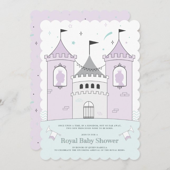 Royal Castle Girl Twins Kinderdusche Einladung (Vorne/Hinten)