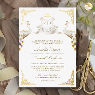 Royal Crest Indischer Weißer Pfau Hochzeit Gold Folieneinladung