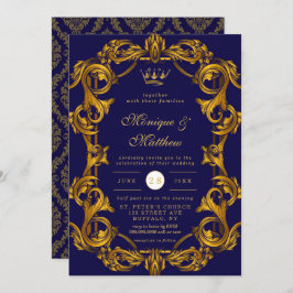 Royal Crown Blue Gold Schnörkel Wedding Einladung