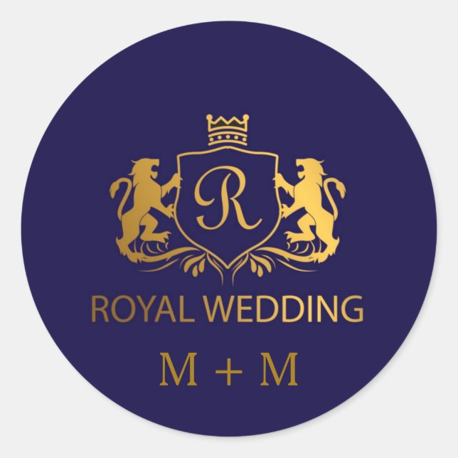 Royal Crown Blue und Gold Lions Wedding Custom Runder Aufkleber (Vorderseite)