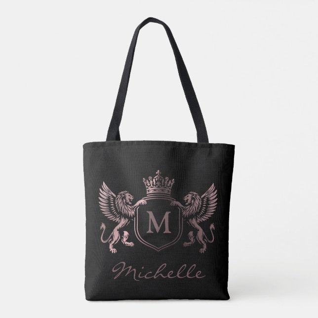 Royal Crown Emblem Lions Monogram Script Rose Gold (Rückseite)