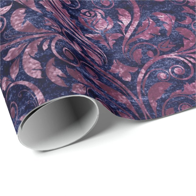 Royal Damask Crushed Velvet Blue Navy Pink Plum Geschenkpapier (Rolleneckpunkt)