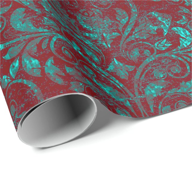 Royal Damask Crushed Velvet Burgundy Red Turquoise Geschenkpapier (Rolleneckpunkt)
