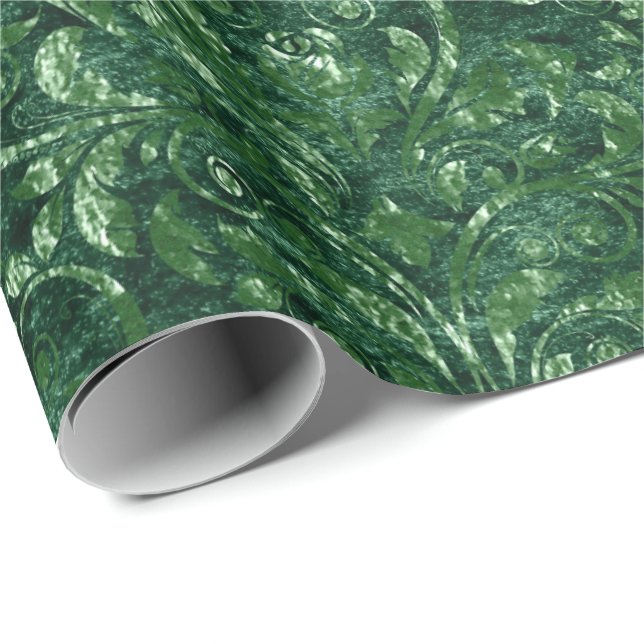 Royal Damask Crushed Velvet Woodland Emerald Green Geschenkpapier (Rolleneckpunkt)