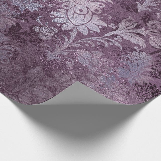 Royal Damask Distressed Lila Plum Floral Gray Geschenkpapier (Ecke)