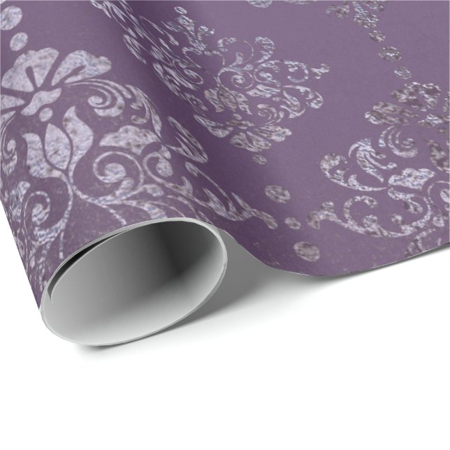 Royal Damask Distressed Lila Plum Floral Gray Geschenkpapier (Rolleneckpunkt)