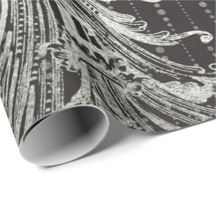Royal Damask Metal Floral Drops Black Silver Gray Geschenkpapier