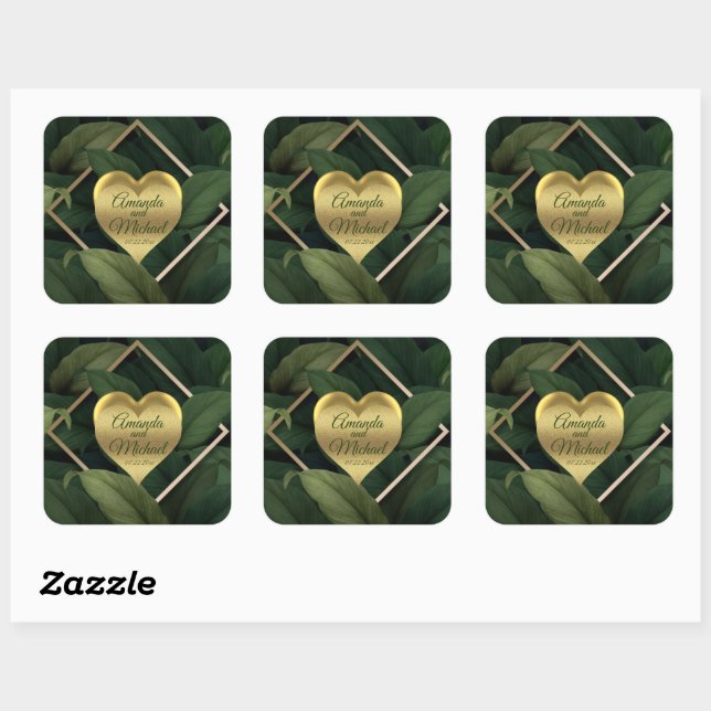 Royal Dark Green Blätter Gold Frame Wedding Quadratischer Aufkleber (Blatt)
