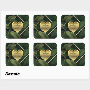 Royal Dark Green Blätter Gold Frame Wedding Quadratischer Aufkleber