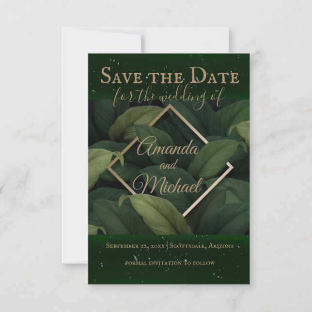 Royal Dark Green Blätter Gold Frame Wedding Save The Date (Vorderseite)