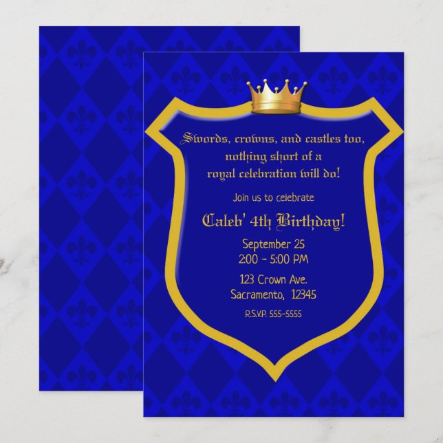 Royal Electric Blue Gold Shield Crown Prince Party Einladung (Vorne/Hinten)