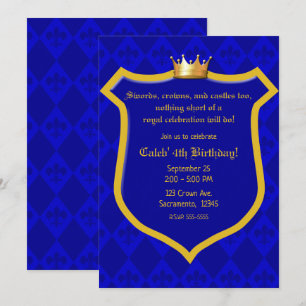 Royal Electric Blue Gold Shield Crown Prince Party Einladung