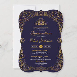 Royal Elegana Gold Navy Blue Fairytale Quinceanera Einladung