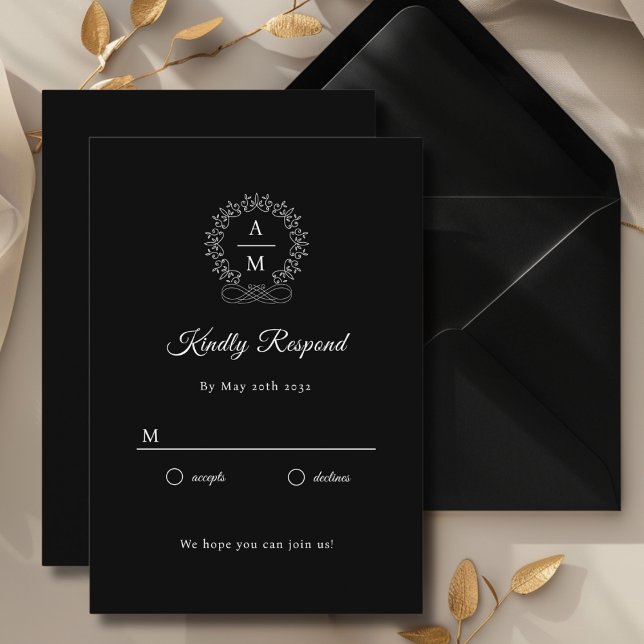 Royal, Elegant, Wedding RSVP Begleitkarte (Monogram, Royal, Elegant, Black, Wedding RSVP Cards with scripted font. Personalized in minutes.)