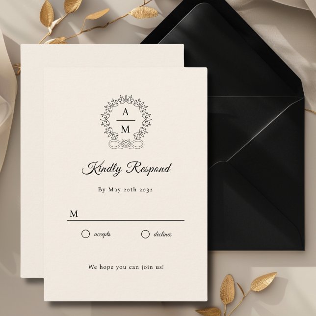 Royal, Elegant, Wedding RSVP Begleitkarte (Monogram, Royal, Elegant, Beige, Wedding RSVP Cards with scripted font. Personalized in minutes.)