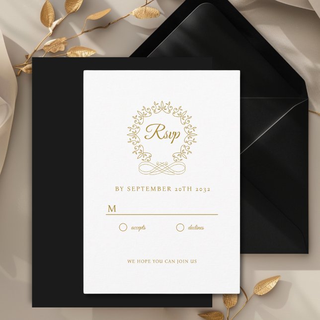 Royal, Elegant, Wedding RSVP Begleitkarte (Royal, Elegant, Classic, Crest, Wedding Invitation Wedding RSVP. White and Gold-Beige.)