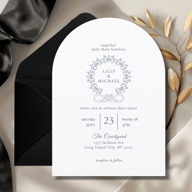 Royal, elegant, weiß, Hochzeit Einladung (Royal, Elegant, White, Wedding Invitation. Crest, handwriting font.)