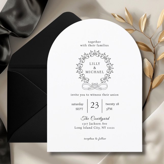 Royal, elegant, weiß, Hochzeit Einladung (Royal, Elegant, Classic, White, Wedding Invitation. Crest, handwriting font.)