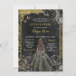 Royal Elegante Gold und Black Rose Quinceñera Einladung