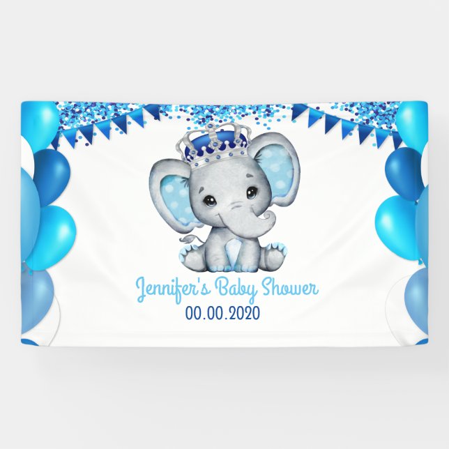 Royal Elephant mit Crown Blue Banner Baby Dusche (Horizontal)