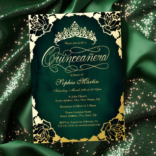 Royal Emerald Gold Elegant Script Quinceañera  Folieneinladung