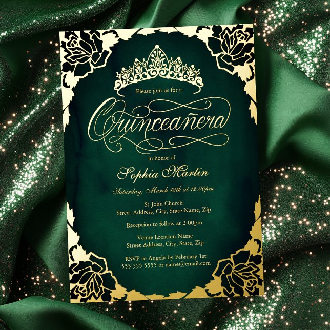 Royal Emerald Gold Elegante Script Quinceanera Folieneinladung (Von Creator hochgeladen)