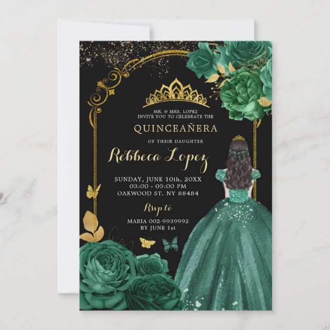 Royal Emerald Green Black Girl's Quinceañera Einladung (Vorderseite)
