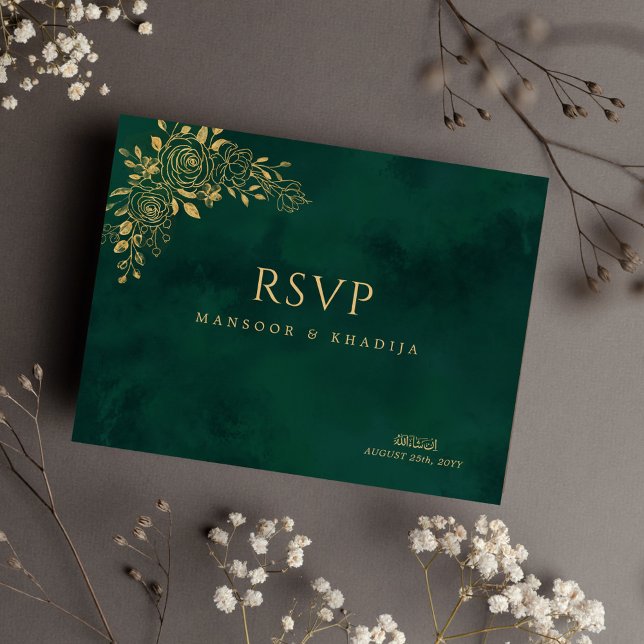 Royal Emerald Green Gold Floral Wedding RSVP Postkarte (Von Creator hochgeladen)