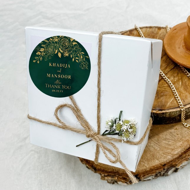 Royal Emerald Green Gold Floral Wedding Vielen Dan Runder Aufkleber (Von Creator hochgeladen)