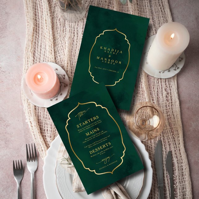 Royal Emerald Green Gold Frame Wedding Menu Card (Von Creator hochgeladen)