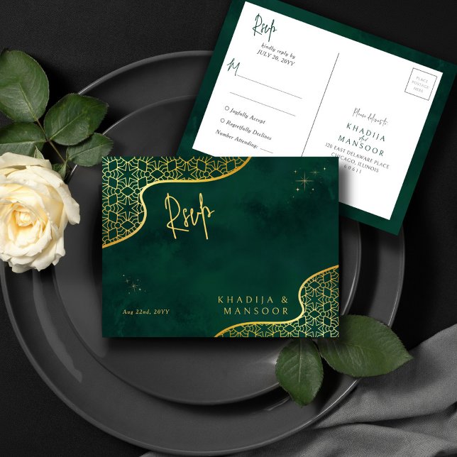 Royal Emerald Green Gold Glitzer Wedding RSVP Postkarte (Von Creator hochgeladen)