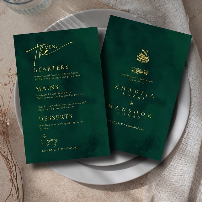 Royal Emerald Green Gold Islamic Wedding Menu Card (Von Creator hochgeladen)