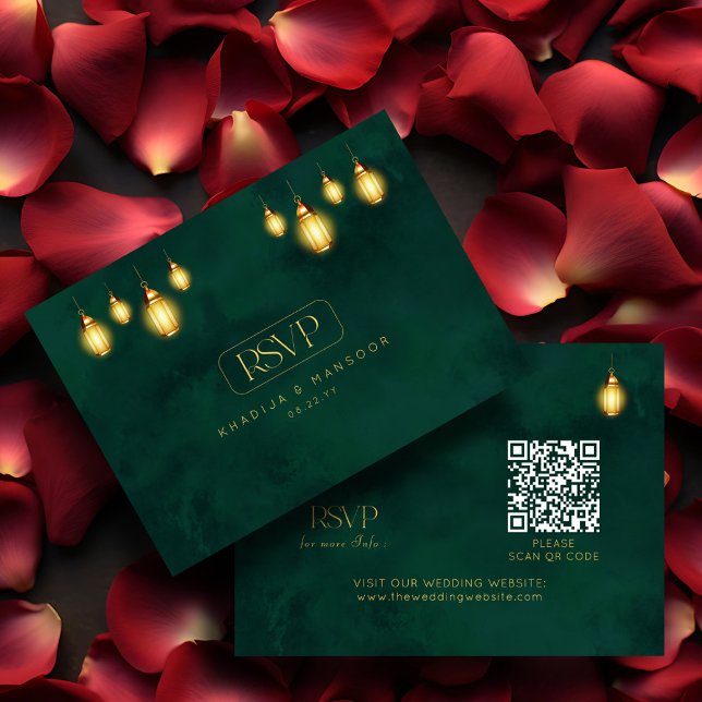 Royal Emerald Green Golden Lights QR Wedding RSVP Begleitkarte (Von Creator hochgeladen)