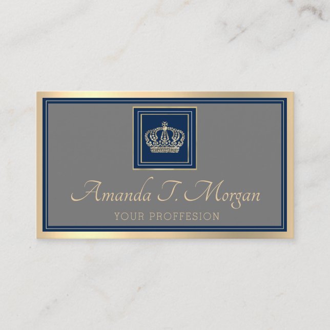 Royal Event Hochzeit Golden Crown Frame Gray Navy Visitenkarte (Vorderseite)