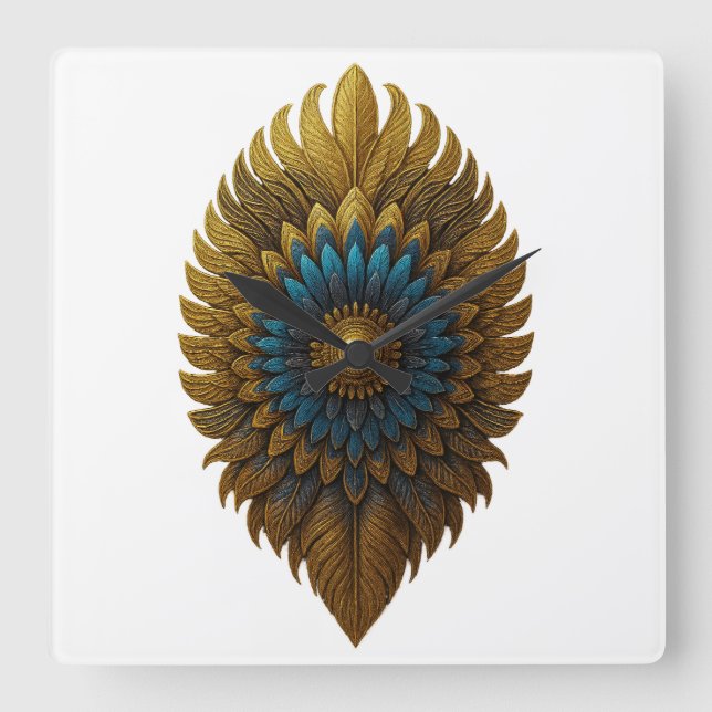 Royal Feather | Black & Gold Egyptian Wall Clock Quadratische Wanduhr (Vorderseite)