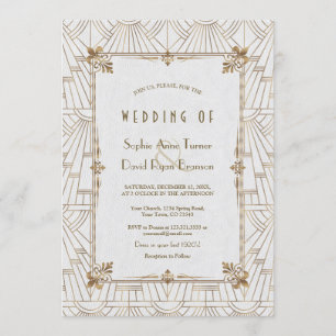 Royal Fleur-de-Lis Art Deco Gold White Wedding Einladung