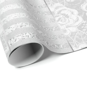 Royal Floral Rose Silver White Lace Streifen Geschenkpapier