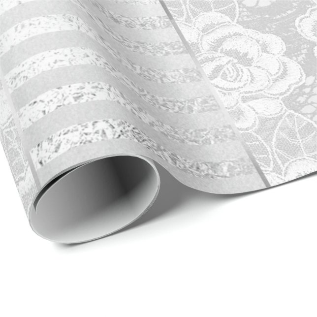 Royal Floral Rose Silver White Lace Streifen Geschenkpapier (Rolleneckpunkt)