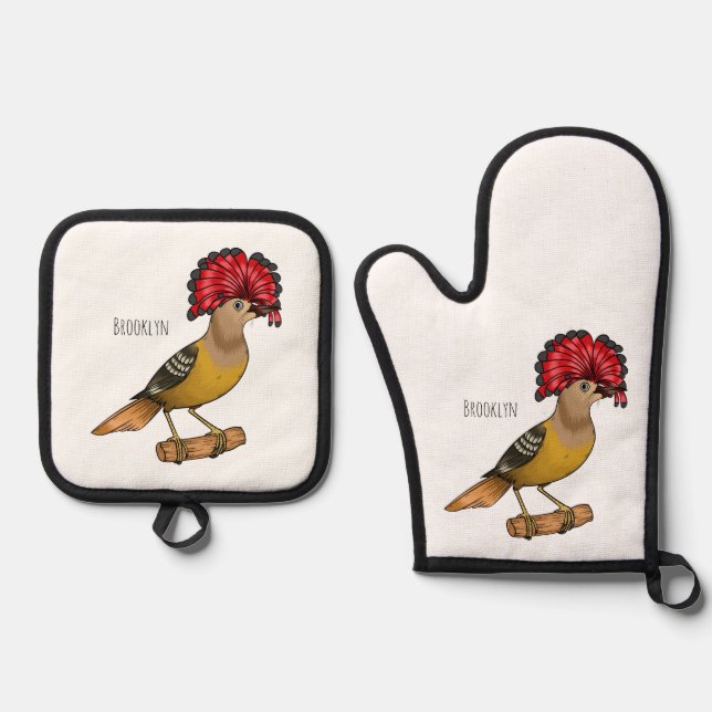 Royal Flycatcher Cartoon Illustration Ofenhandschuh & Topflappen-Set (Vorderseite)