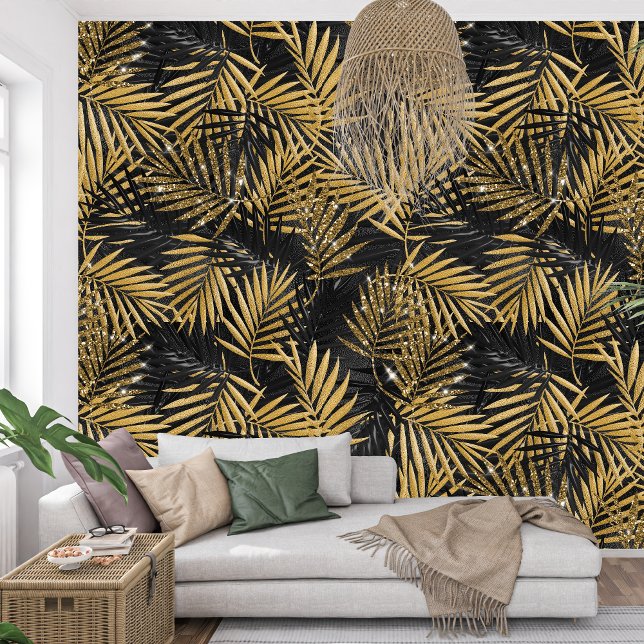 Royal French Black and golden Botanical Sparke Tapete (black and gold botanical elegant wallpaper )