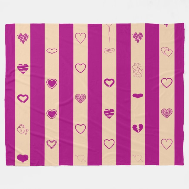 Royal Fuchsia Stripes Modernes Herzmuster Fleecedecke (Vorderseite (Horizontal))
