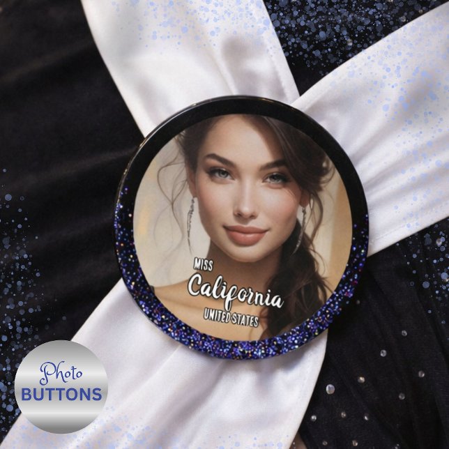 Royal Glitzer Glitz Pageant Foto Button Button (Glow-up with a custom photo button featuring your image and text surrounded by sparkling glitter)