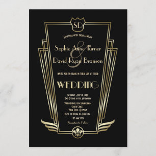 Royal Gold Art Deco Monogram Black Wedite Einladun Einladung