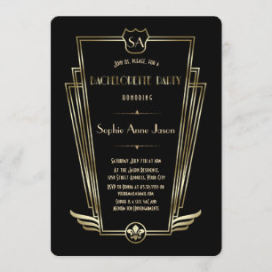 Royal Gold Art Deco Monogram Junggeselinnen-Abschi Einladung