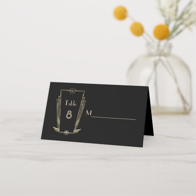 Royal Gold Art Deco Monogram Wedding Platzkarte (Vorderseite)