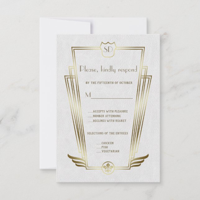 Royal Gold Art Deco Monogram White Wedding RSVP (Vorderseite)