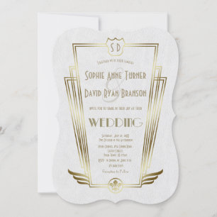 Royal Gold Art Deco Monogram White Wedite Einladun Einladung