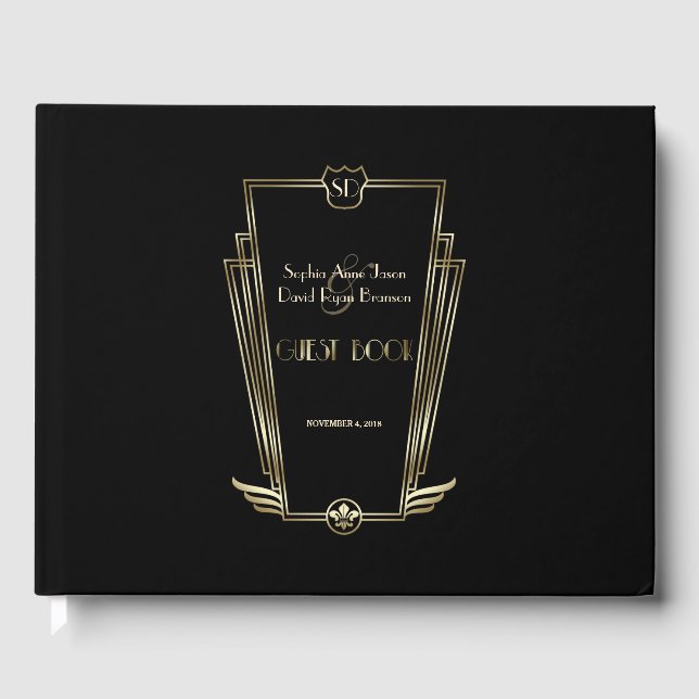 Royal Gold Black Art Deco Monogram Wedding Gästebuch (Vorderseite)